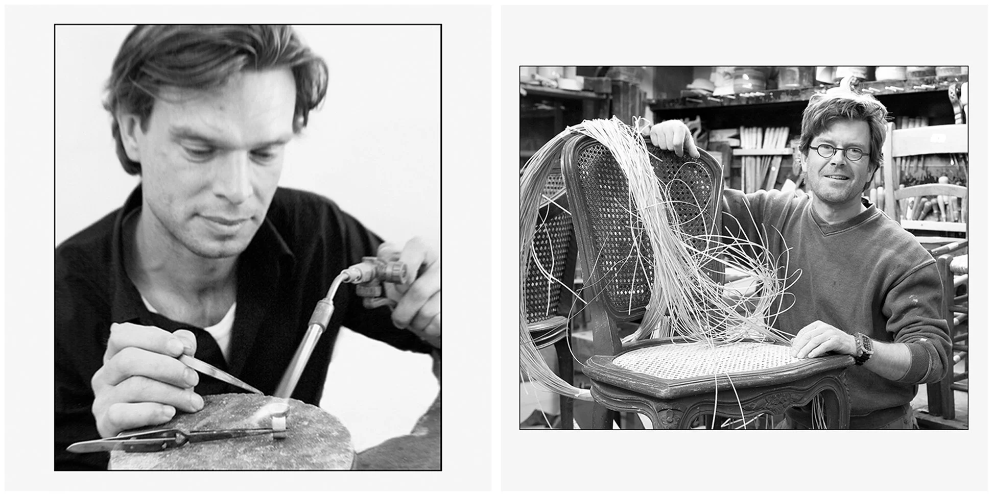 Twee zwart-wit foto's van een man die zich bezighoudt met creatieve werkzaamheden. Links: de man gebruikt een mini-gereedschap en een scalpel, waarschijnlijk aan een beeldhouwwerk of kunstproject. Rechts: dezelfde man poseert met een stuk meubel met 