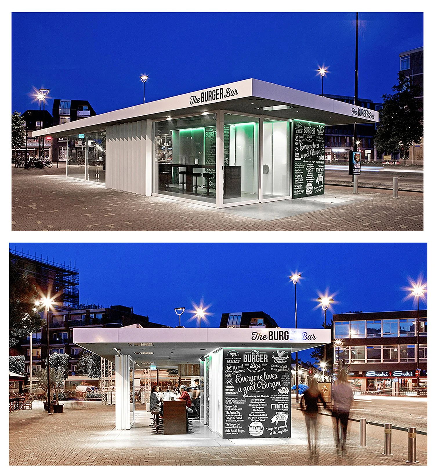 Een modern fastfood restaurant gefotografeerd door architectuurfotograaf John van Groenedaal tijdens het zgn. blauwe uur.