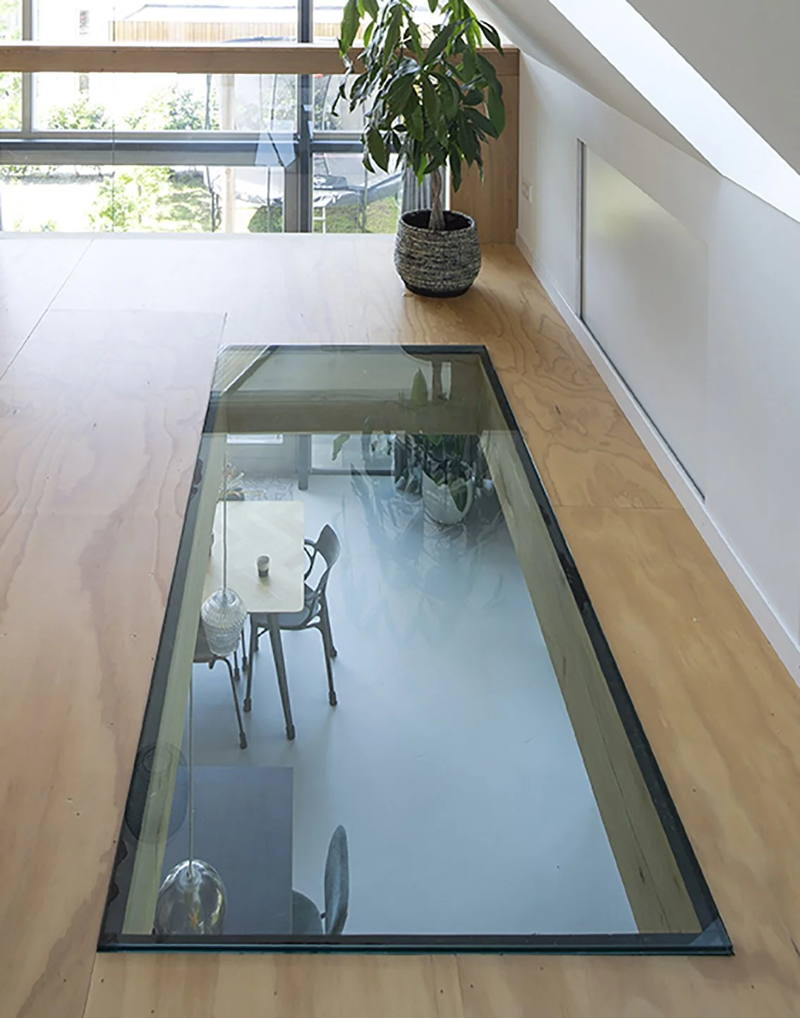 Een interieur met een glazen vloer die een eetkamer onder het niveau laat zien en een grote plantenbak met groene bladeren.