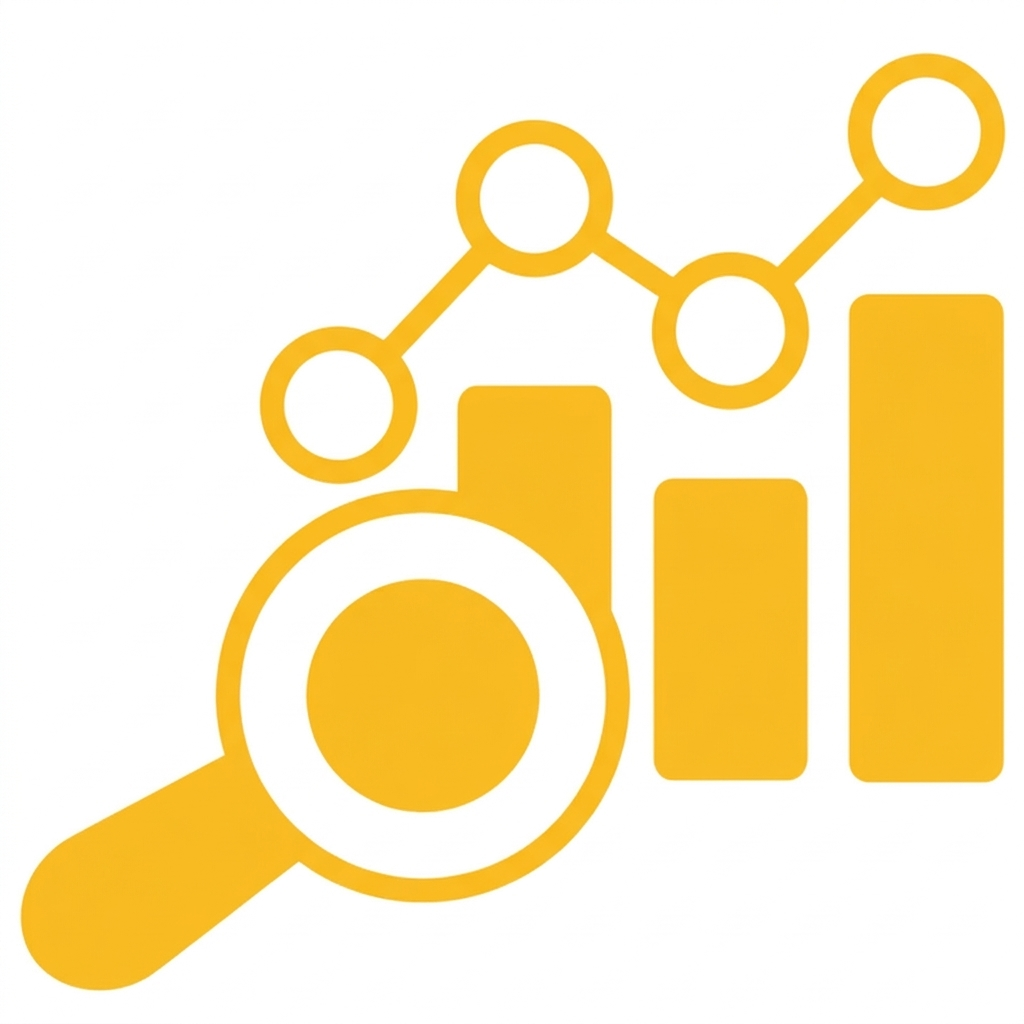 Yellow analytics icon with magnifying glass, bar chart, and line graph.