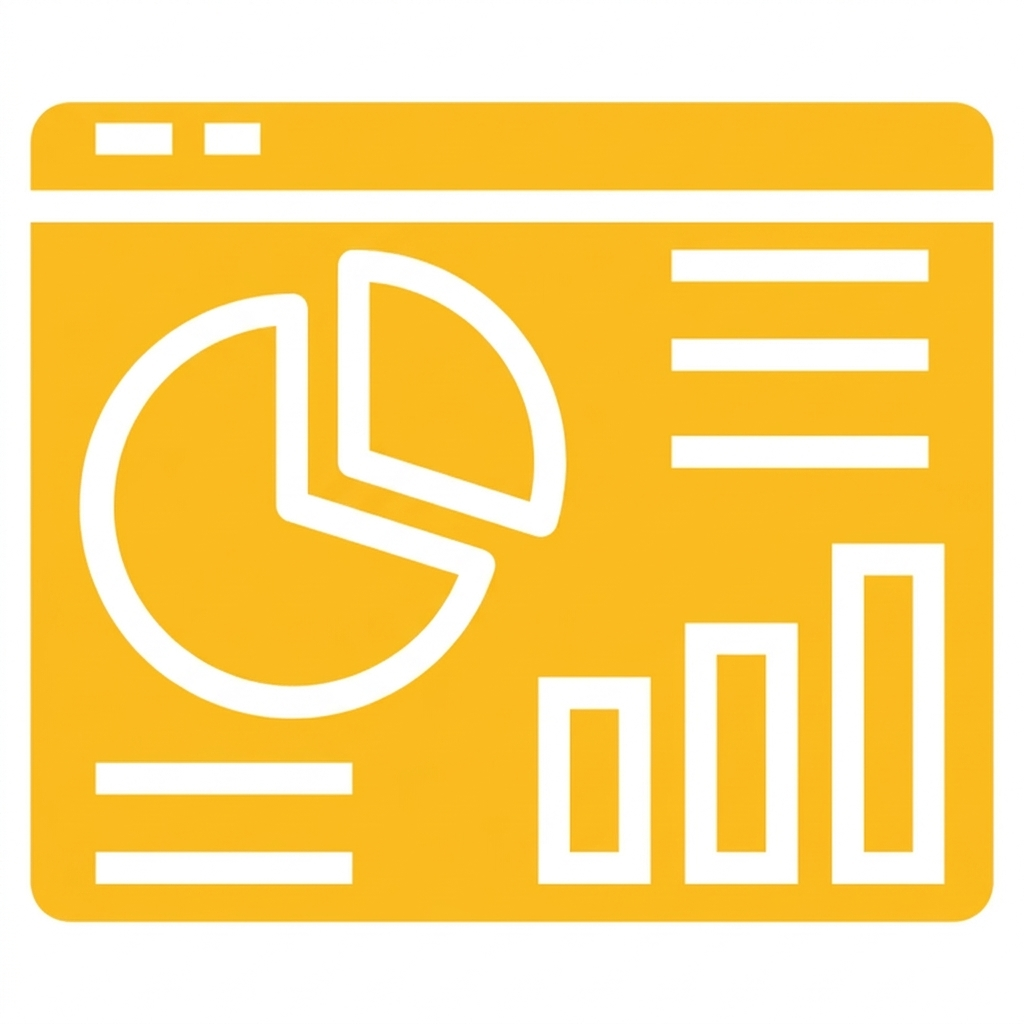 Icon of a yellow dashboard with a pie chart, bar chart, and data lines, representing business analytics.