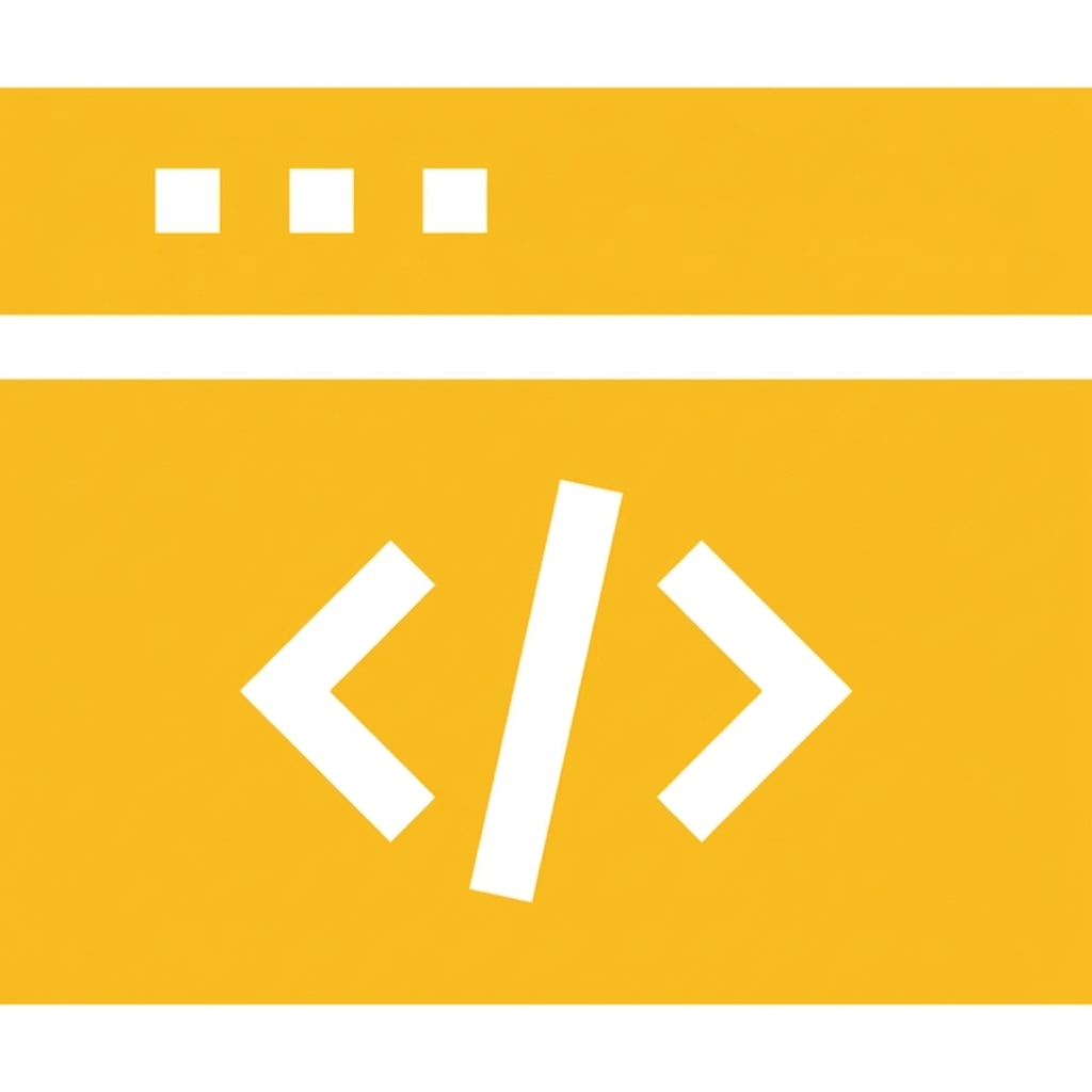 Digital illustration with yellow background, white coding brackets and slash in the center, and three white squares at the top.
