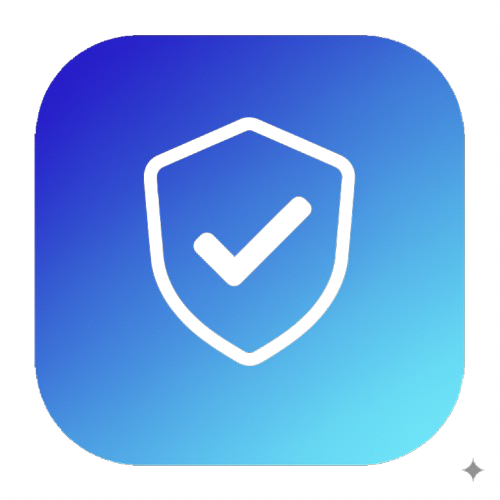 Icône d'une application avec un bouclier et une coche à l'intérieur, sur un fond dégradé bleu.