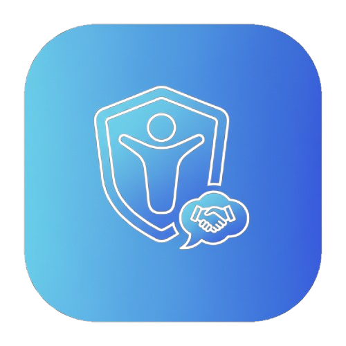 Icône illustrant une personne avec un bouclier et une poignée de main, symbolisant la protection ou l'assurance