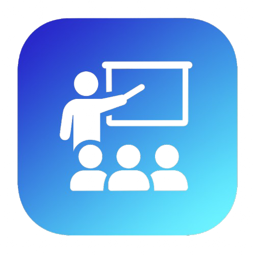 Icône représentant un enseignant faisant une présentation à trois élèves dans une salle de classe.