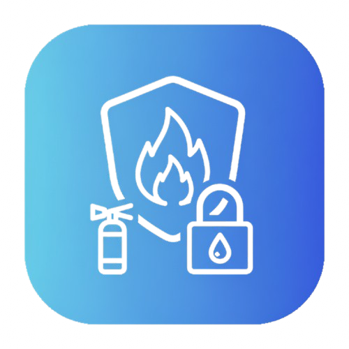 Icône représentant un symbole de sécurité contre le feu, avec une flamme, une serrure et un extincteur
