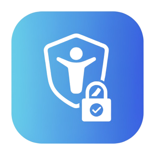 Icône représentant une silhouette humaine avec un bouclier derrière elle, et un cadenas avec une coche, symbolisant la sécurité ou la protection des données