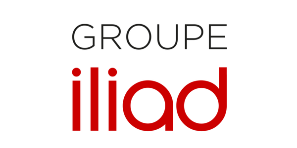 Logo du Groupe Iliad avec texte noir et rouge sur fond noir.