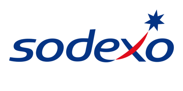 Logo Sodexo avec texte bleu, un swoosh rouge et une étoile bleue à l'extrémité du swoosh.