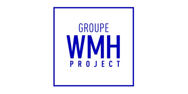 Un logo avec les mots « GROUPE WMH PROJECT » à l'intérieur d'un carré bleu sur fond noir.