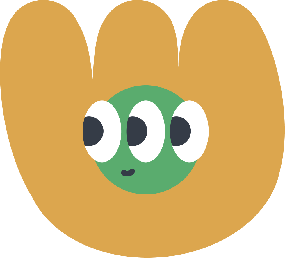 A cartoon illustration of a creature with three eyes, a green face, and a small mouth, surrounded by a large brown shape.