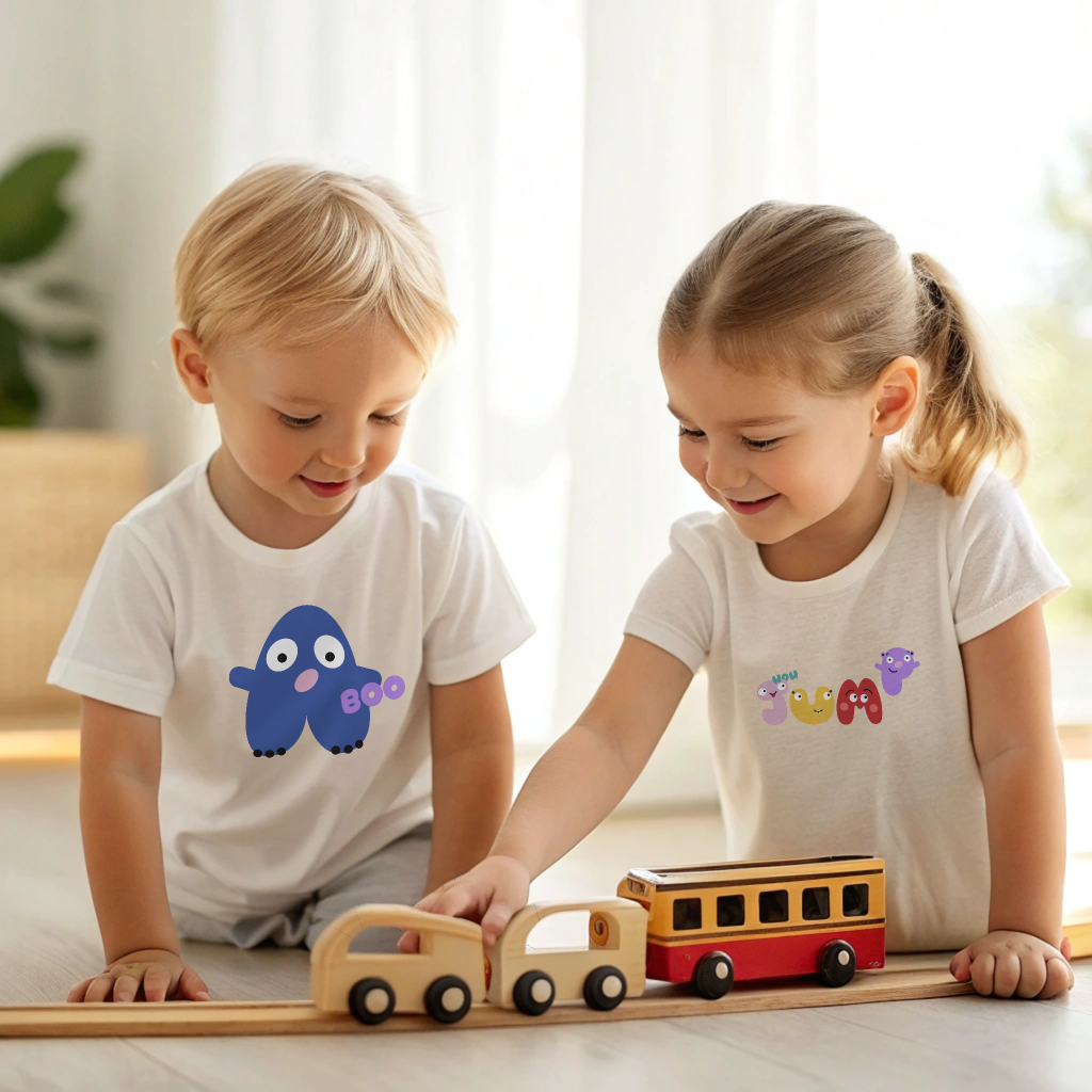 Two young children, a boy and a girl, playing with wooden train toys on a track in a bright room.