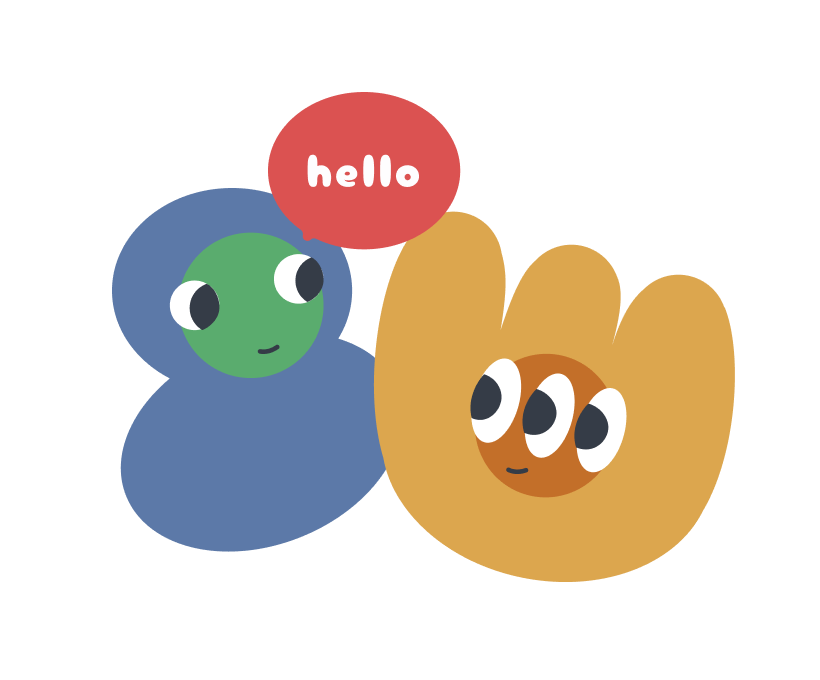 Cartoon characters with large eyes, one green and blue, and a brown face, holding a red speech bubble that says 'hello'.