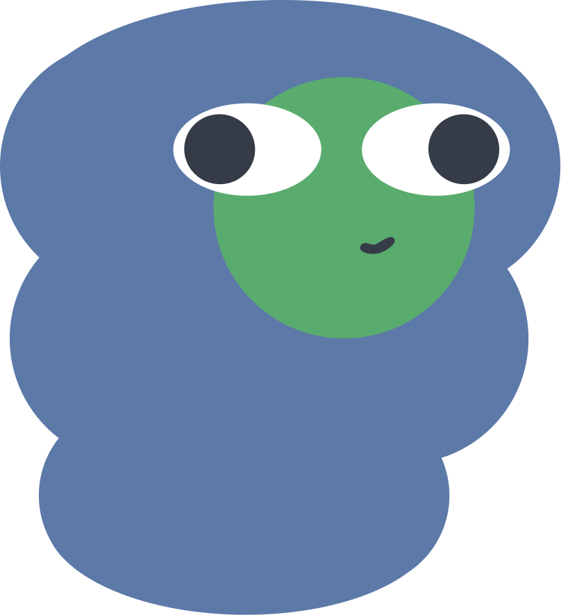 A cute cartoon alien with a green face, big white eyes with black pupils, a tiny black mouth, and a blue fuzzy body and head.