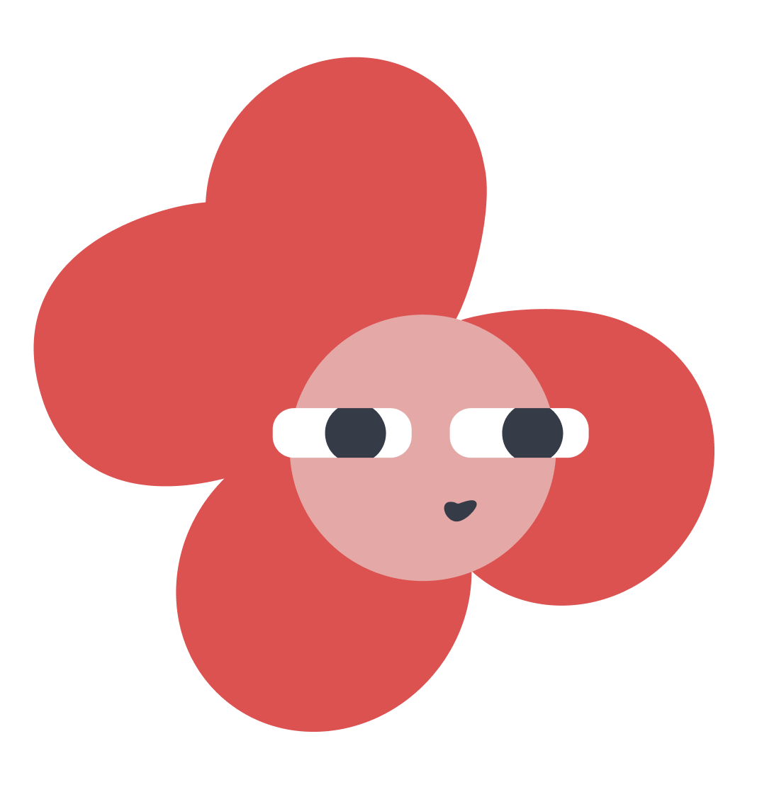 A cartoon flower with pink and red petals, a face with large eyes, and a small mouth.