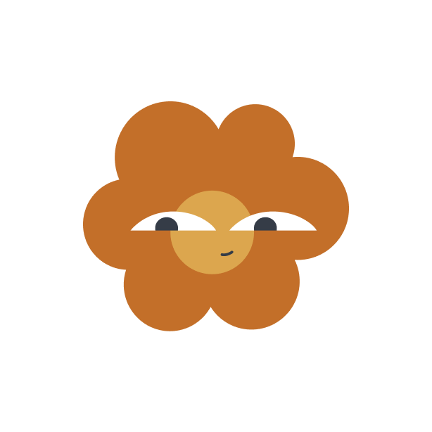Cartoon lion's face with a round mane, large eyes, and a small smile.