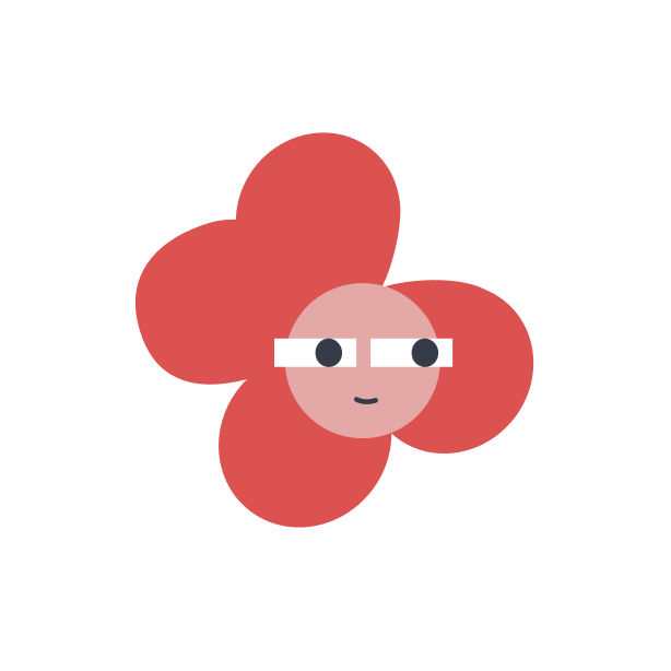 Cartoon character with glasses, a smiling face, and large red petal-like hair or background against a black background.