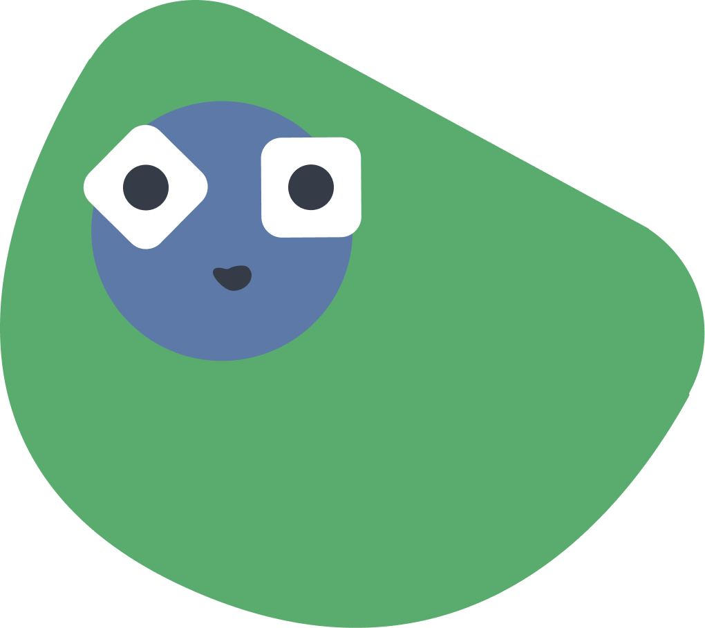 A cartoonish illustration of a blue circle with a smiling face, wearing large white glasses, on a green background.