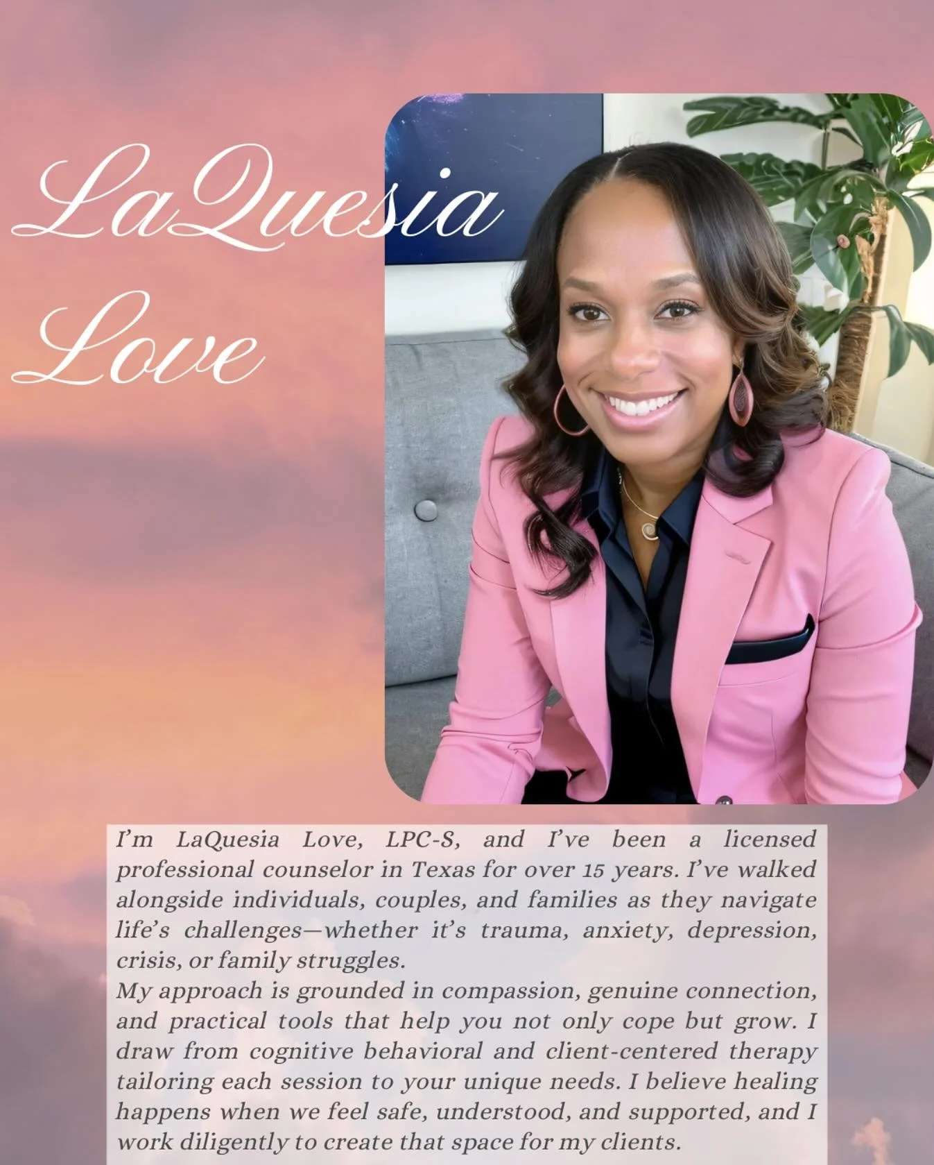 Meet LaQuesia, the newest member of The Balanced Path. 
She is highly experienced with trauma and loves seeing teens and younger adults. 
When asked how she would describe herself as a therapist, she says
&ldquo;Professional, of course, but like talk