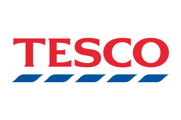Tesco logo with red lettering and blue stripes beneath