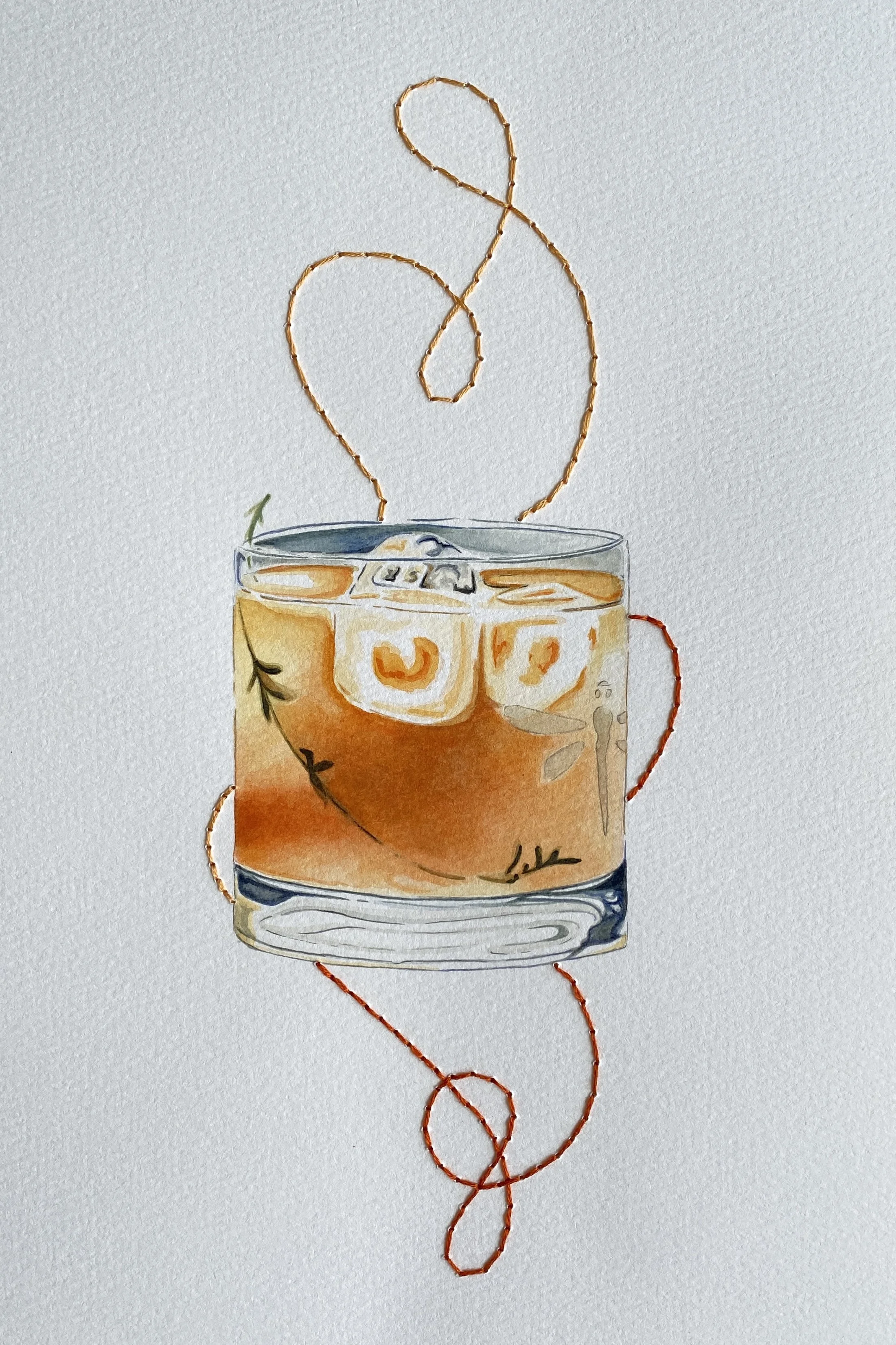 'January, 2024', Watercolor and Embroidery, 8" x 12" 