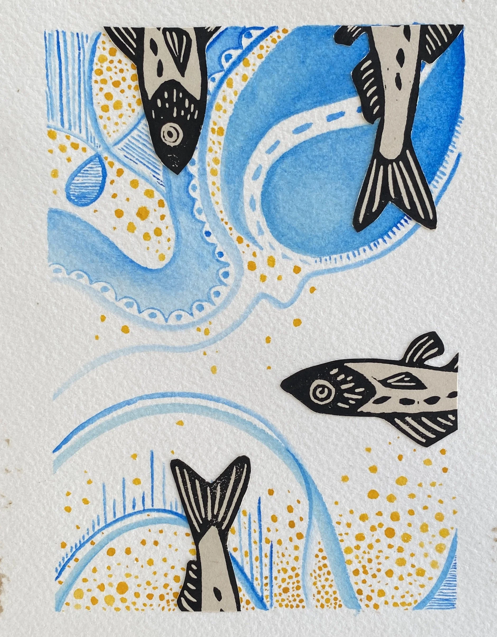 'Mixed Media #1', Watercolor and Linoleum Block Print, 4" x 6" 