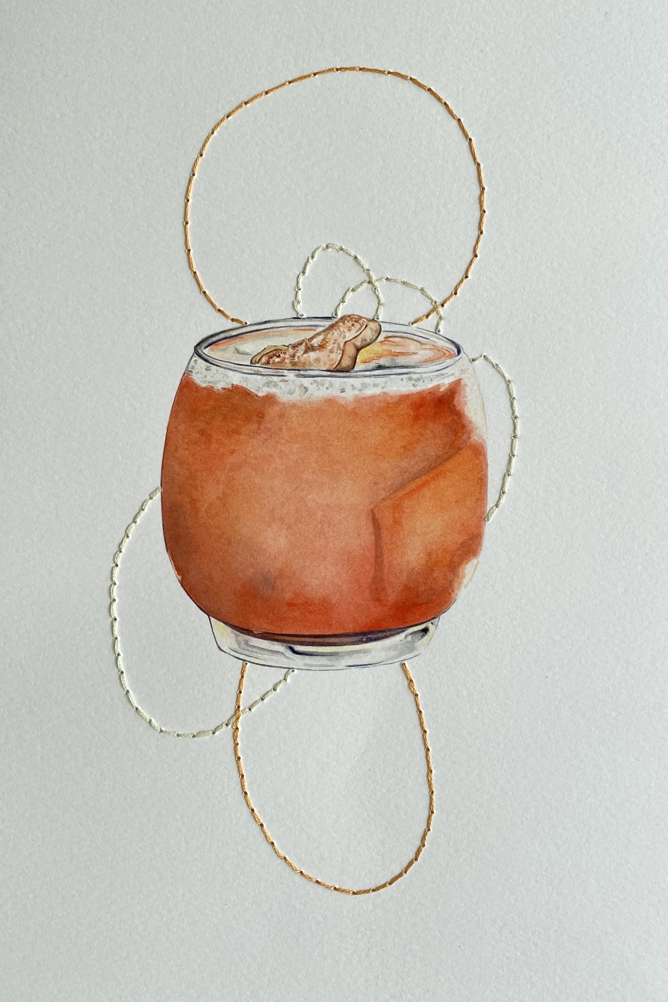 'November, 2023', Watercolor and Embroidery, 8" x 12" 