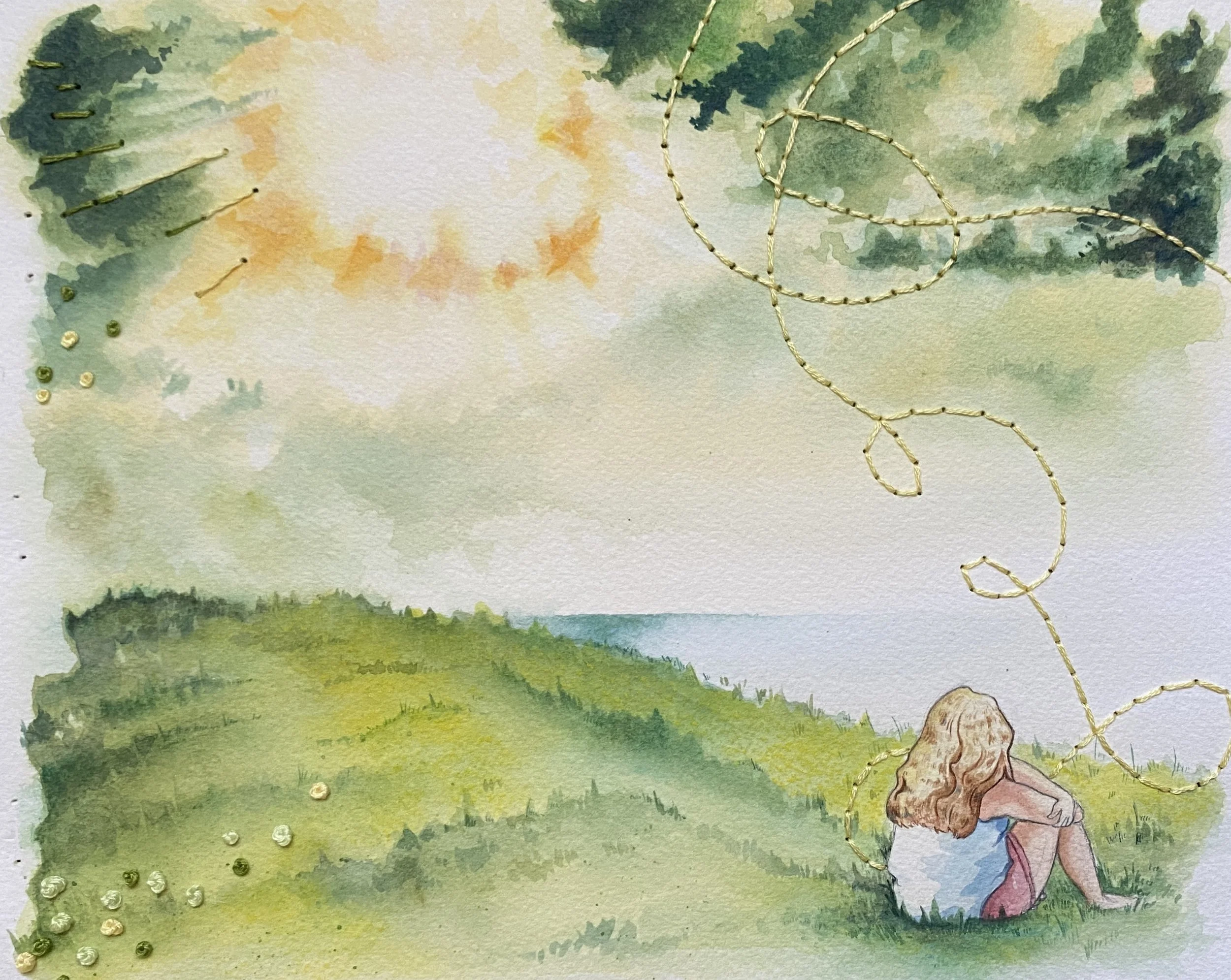 'Samantha at the Pond', Watercolor and Embroidery, 8" x 10"