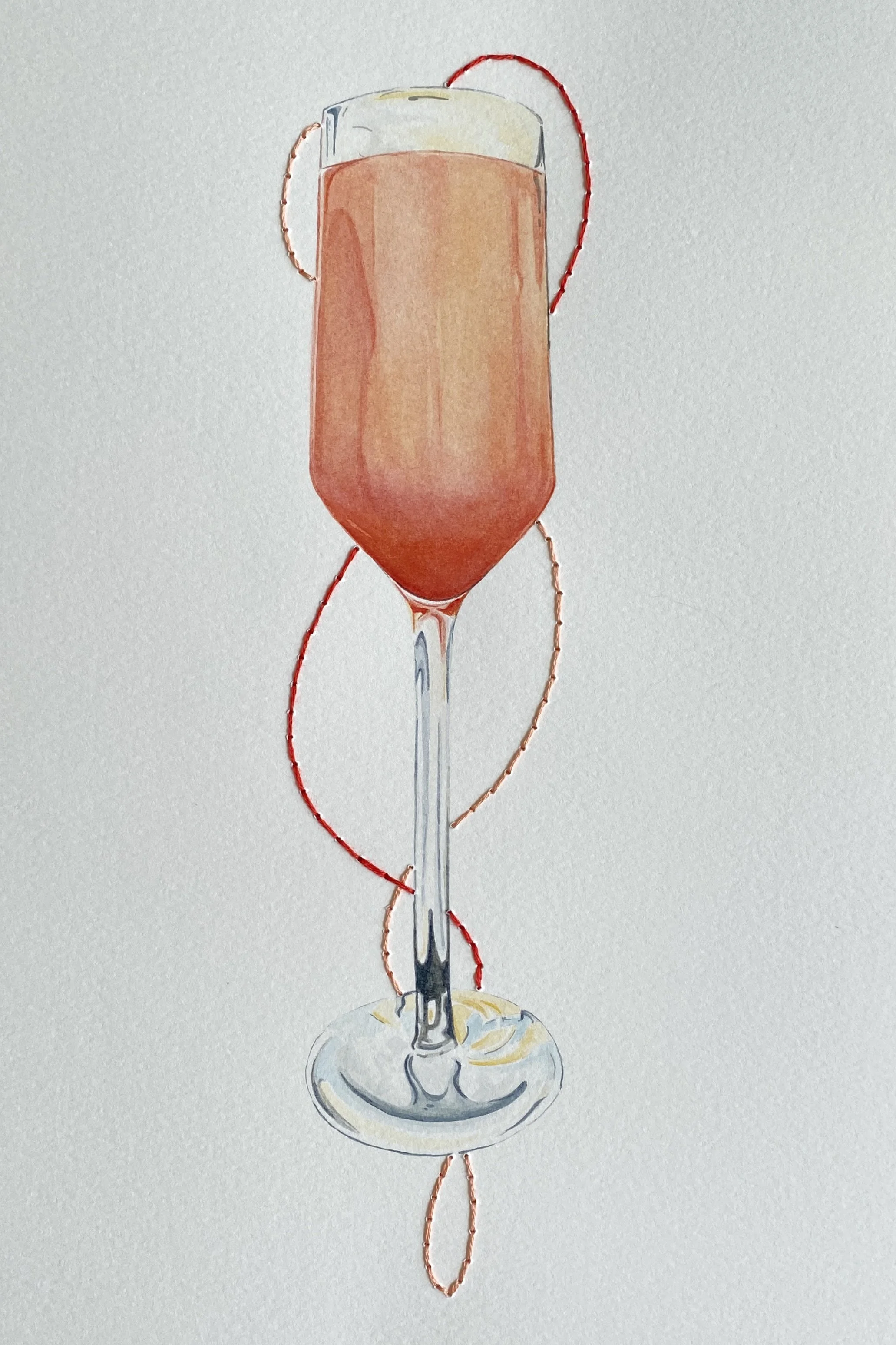 'February, 2024', Watercolor and Embroidery, 8" x 12" 