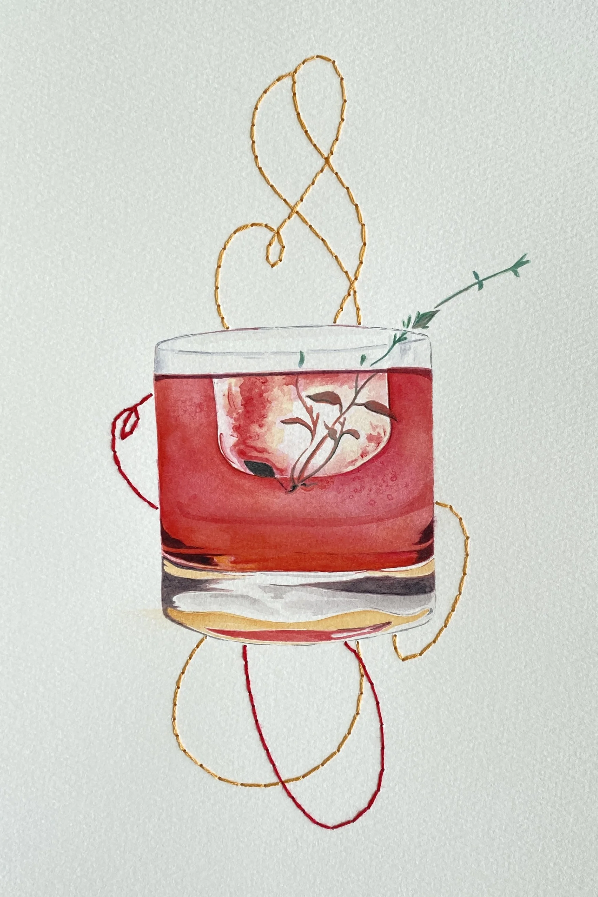 'December, 2023', Watercolor and Embroidery, 8" x 12"