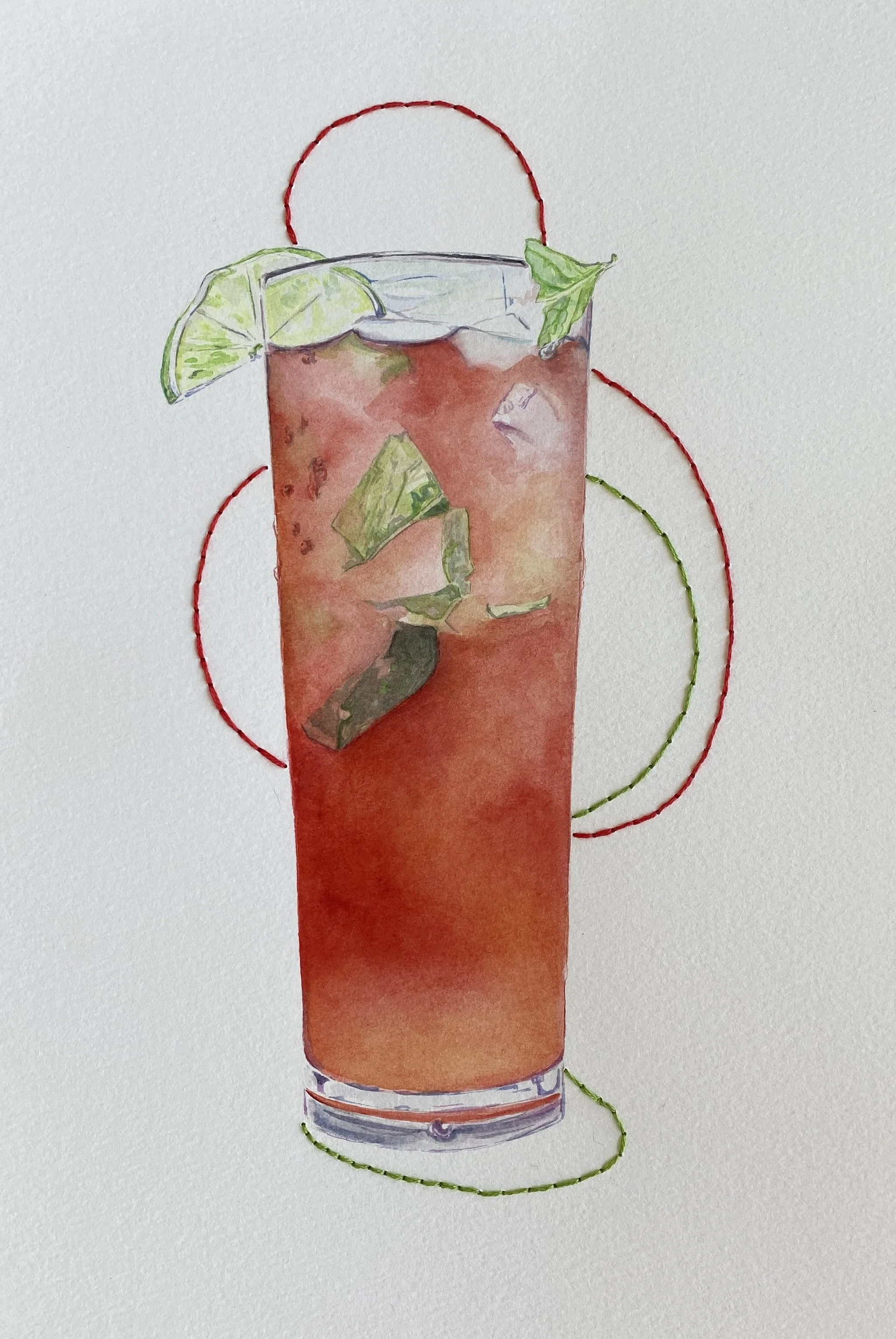 'June 2023', Watercolor and Embroidery, 8" x 12"