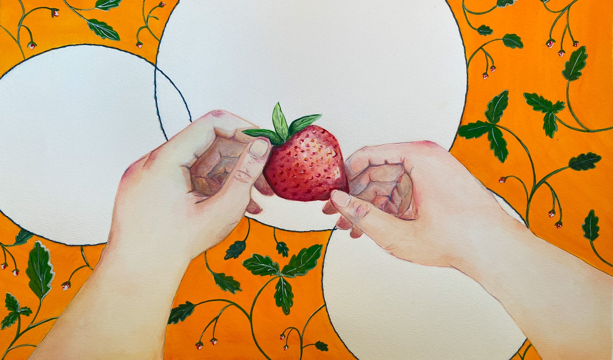 'Strawberry Picking', Watercolor, Gouache, and Embroidery, 12" x 16"