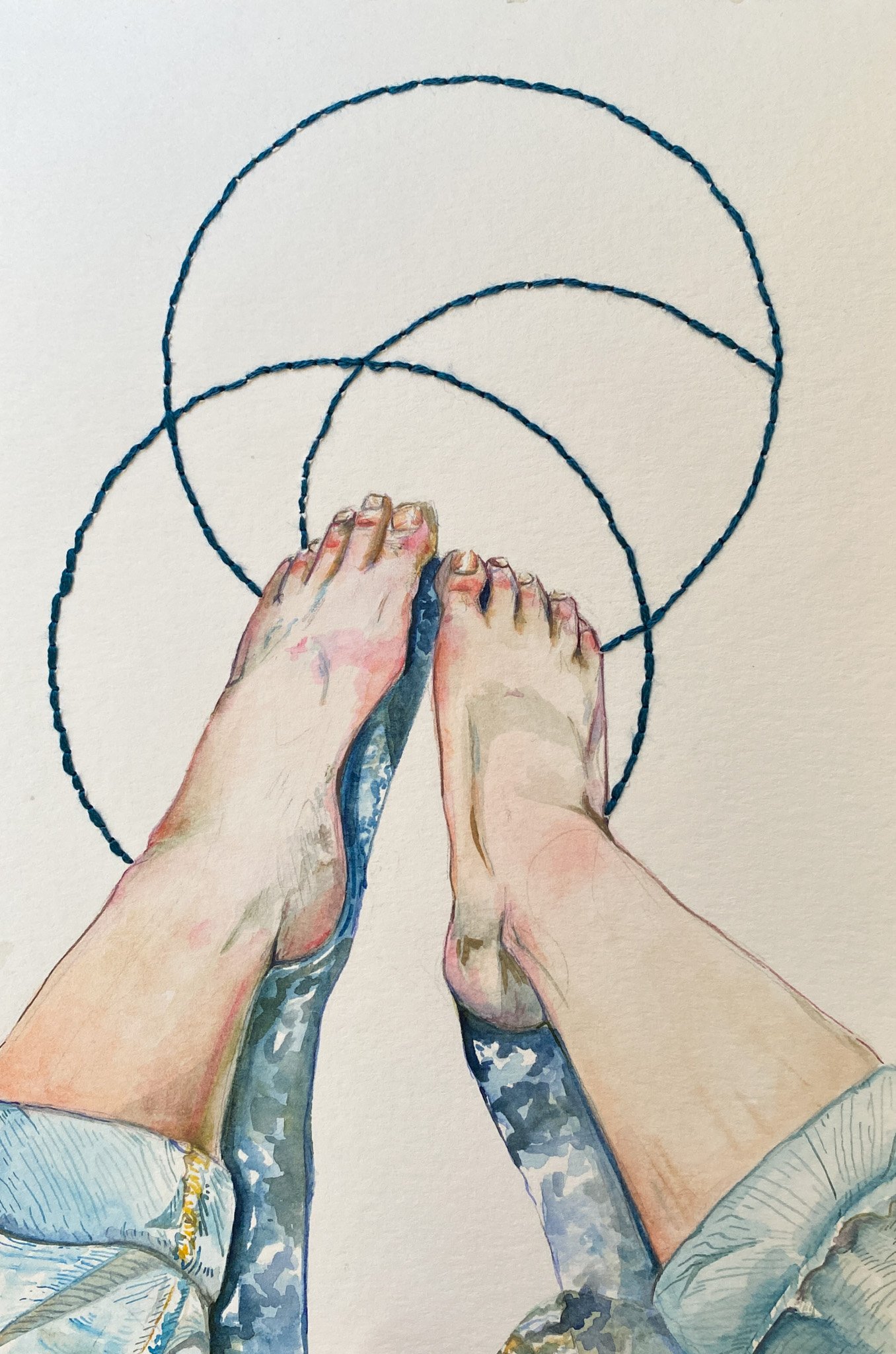 'Vacation Day', Watercolor and Embroidery, 8" x 5.5"