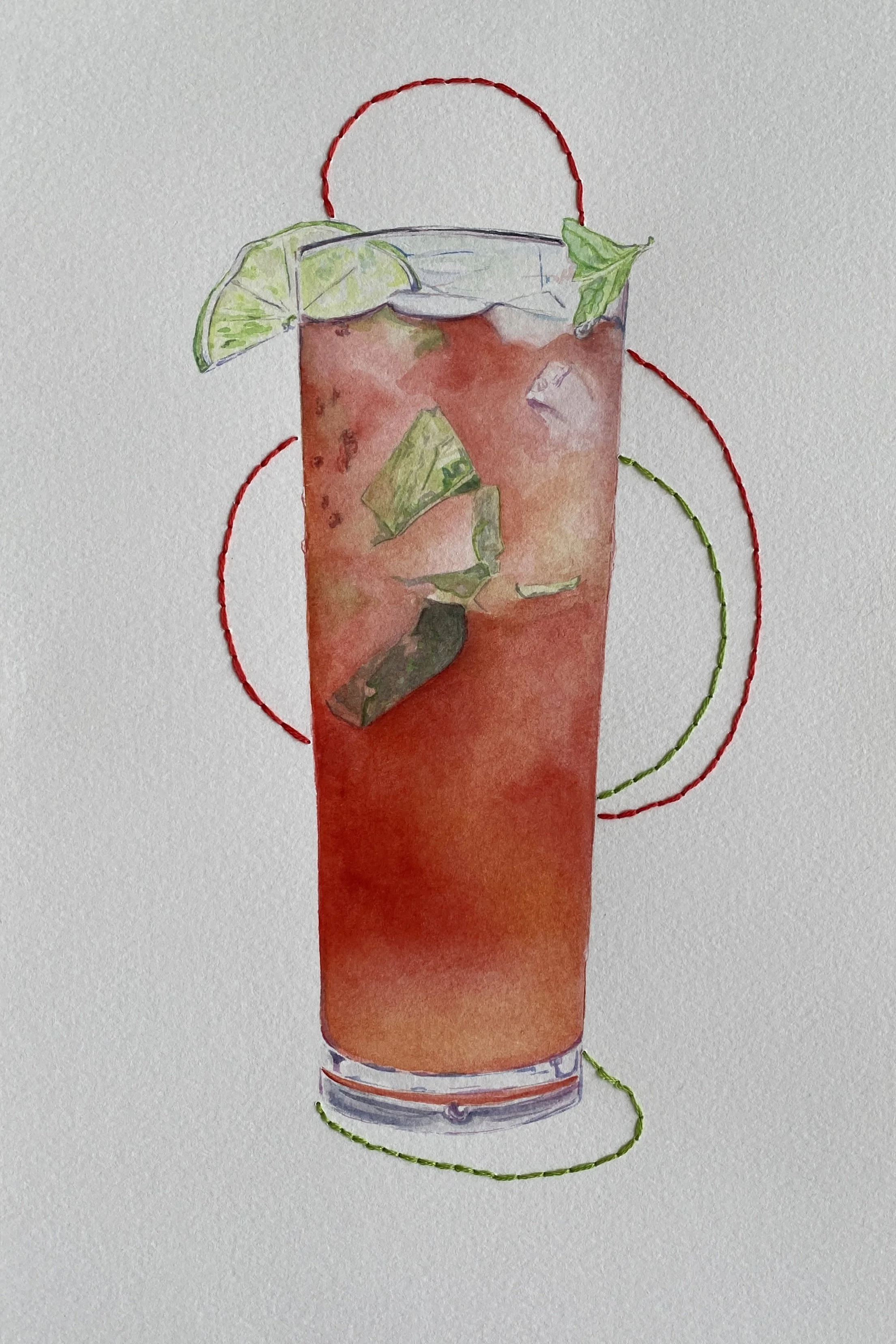 'June, 2023', Watercolor and Embroidery, 8" x 12"