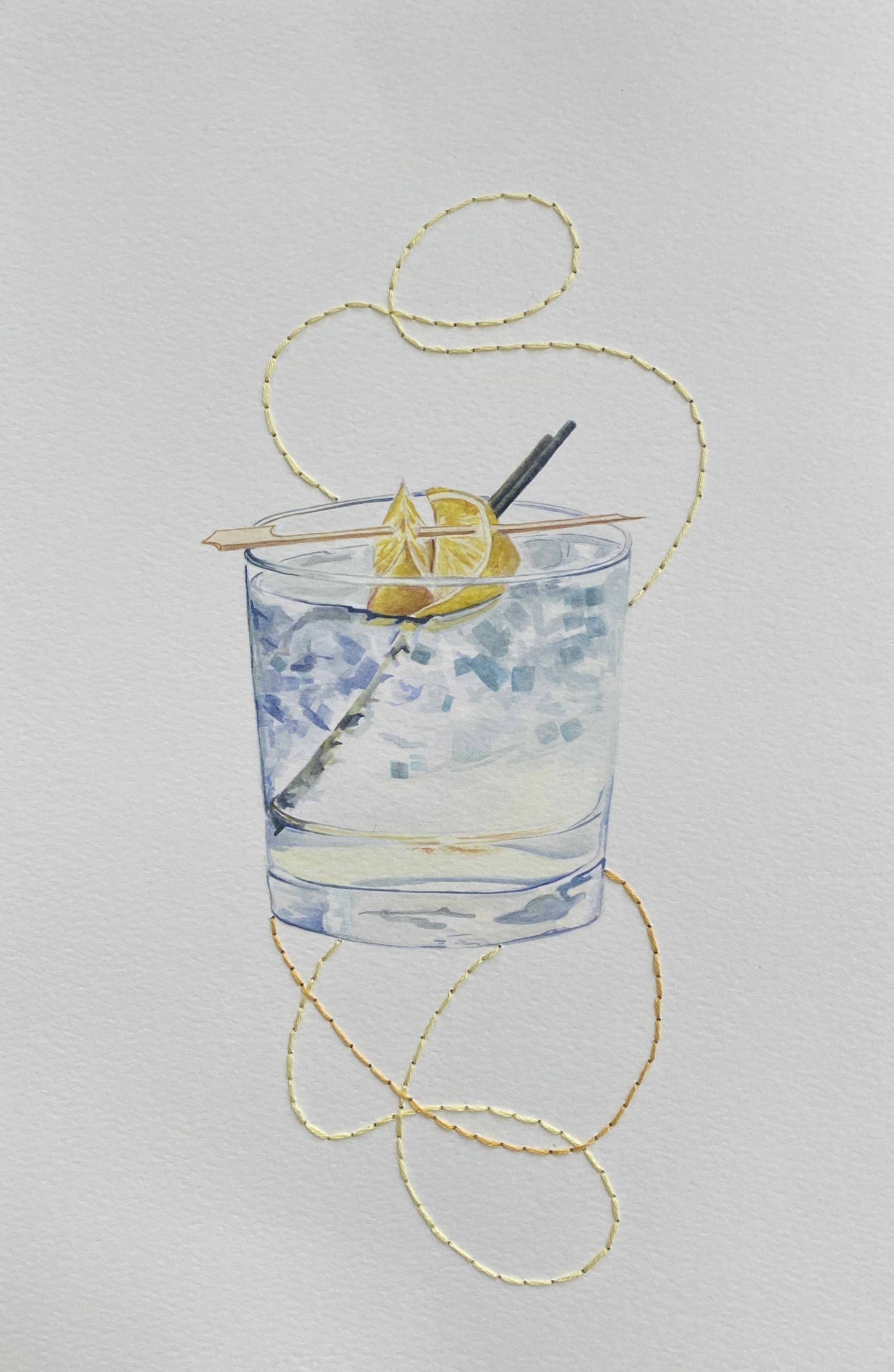 'July 2023', Watercolor and Embroidery, 8" x 12"