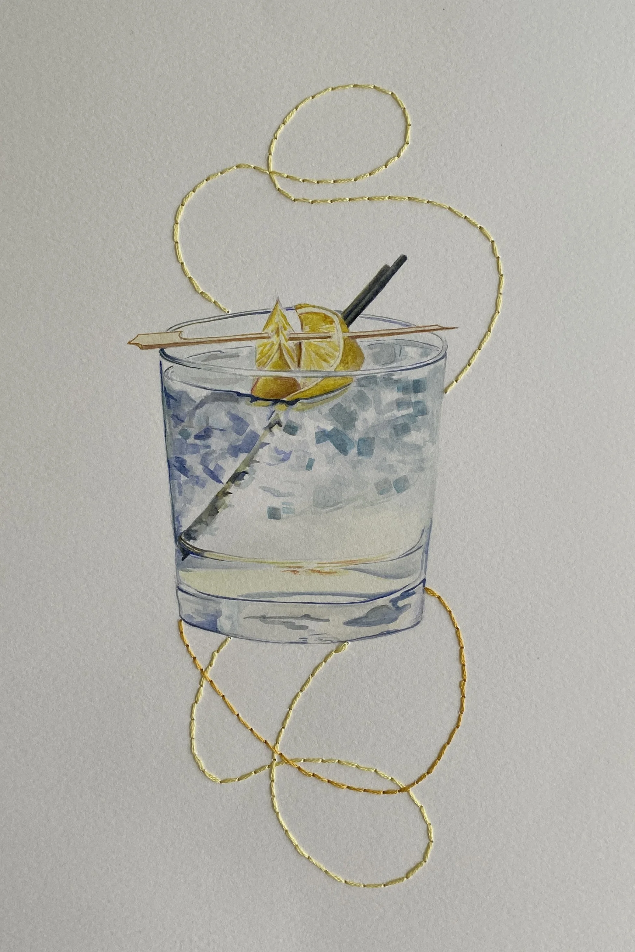 'July, 2023', Watercolor and Embroidery, 8" x 12" 