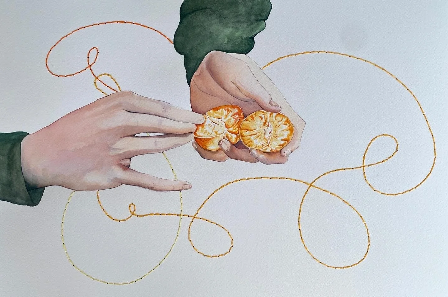 'Picnic, 2020', Watercolor and Embroidery, 12" x 16"