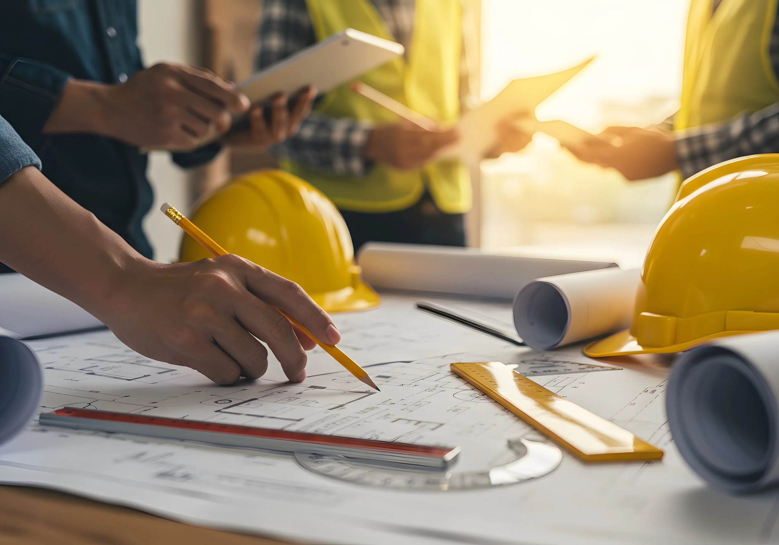 Engineers working on architectural plans with yellow safety helmets, blueprints, and measuring tools on a desk.
