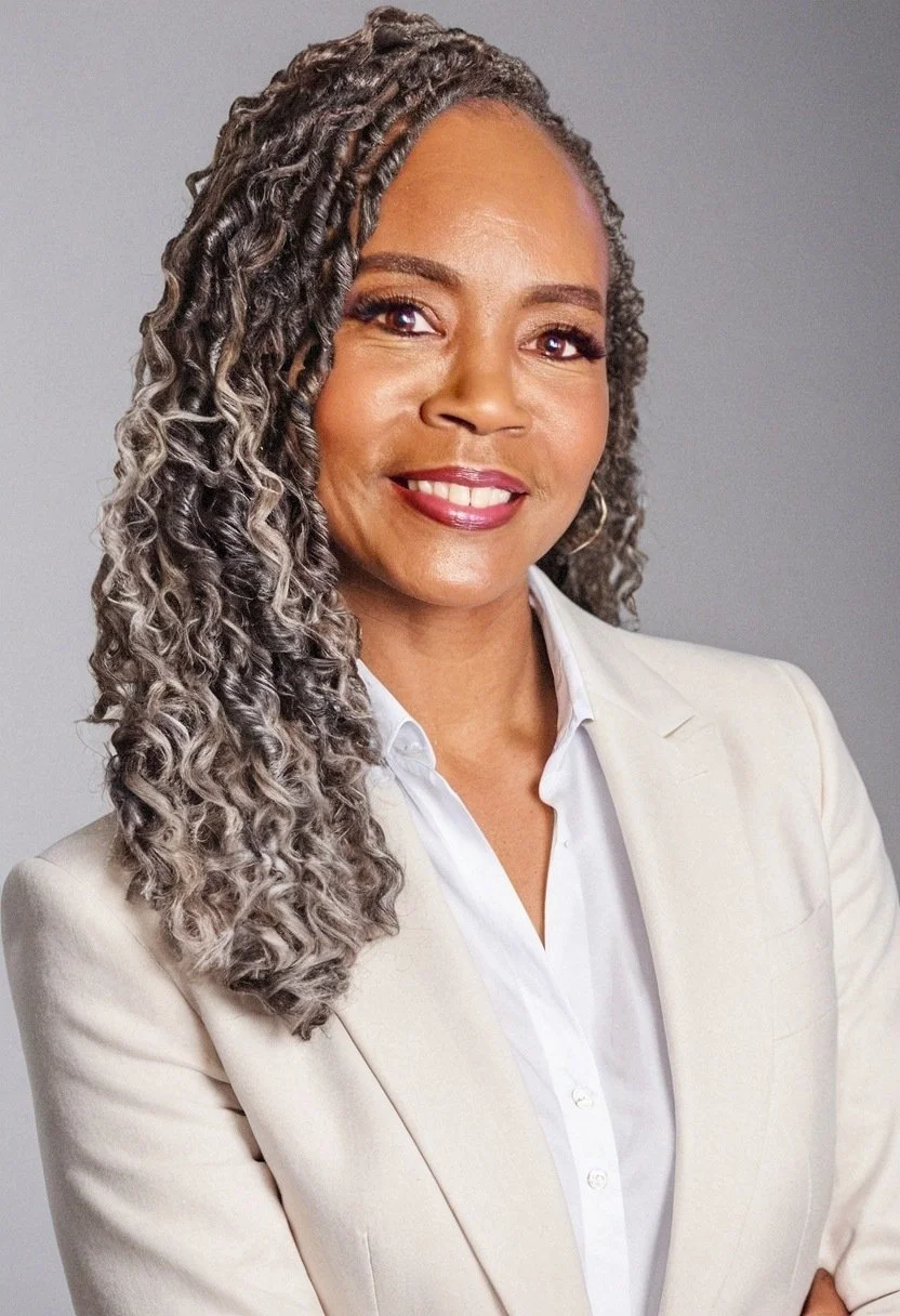 Portrait of a woman with curly, shoulder-length gray hair, wearing a white blazer and shirt against a neutral background.