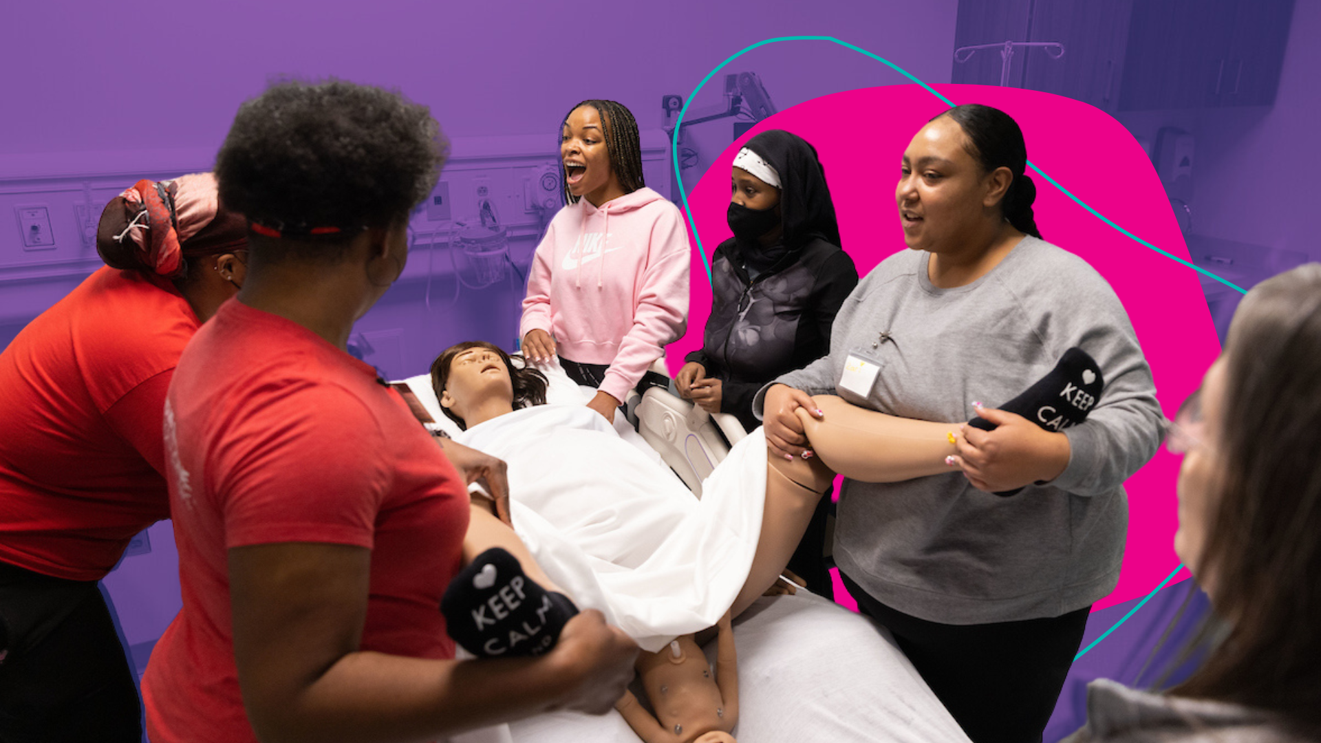 Group of healthcare workers caring for a young patient in a hospital room, with some smiling and others focused on the patient, who is lying on a hospital bed.