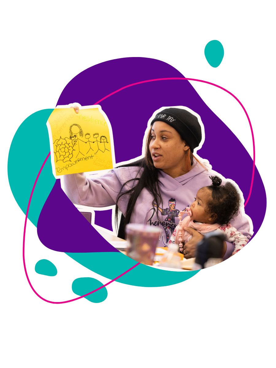 Woman holding a young child, presenting a yellow poster with drawings of people and words like "Resilience," "Empowerment," and "Black," in a colorful room.