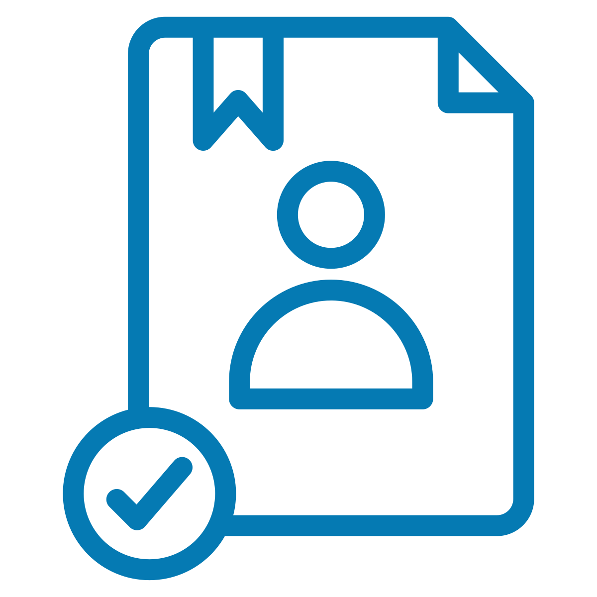 Icon of a document with a person silhouette, a checkmark badge, and a bookmark label.