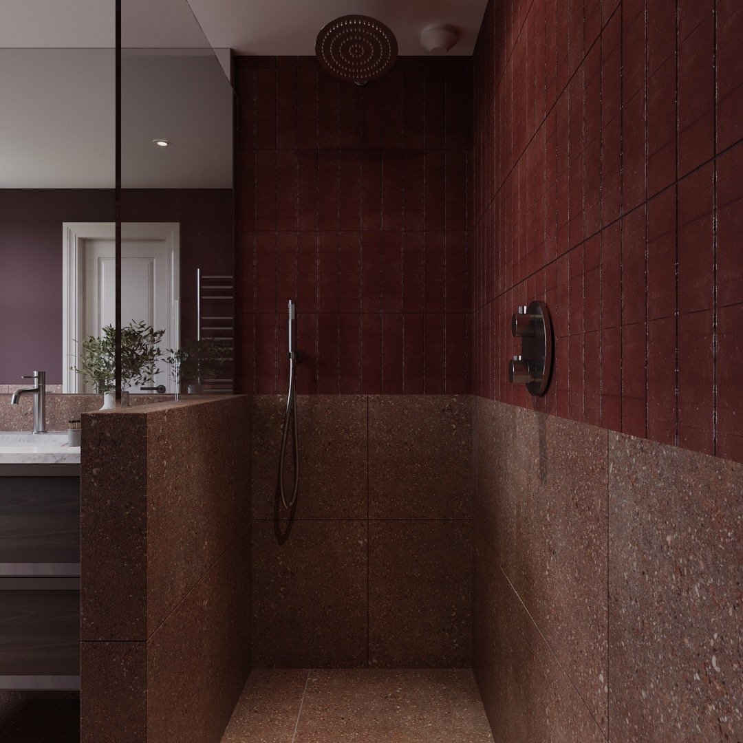 Rich, warm terrazzo paired with deep red tones, a bold statement in texture and colour.
This ensuite is is a grounding retreat designed to feel both cocooning and luxurious.

#TerrazzoDesign #LuxuryBathrooms #DeepRedInteriors #SpaceRenovations #bathr