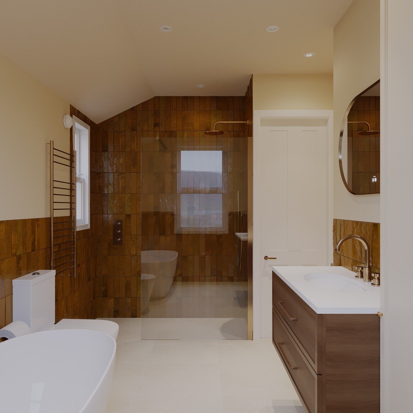 Earthy orange tones and contemporary luxury. 
This bespoke bathroom design features rich burnt orange tiles, a freestanding bath, a spacious walk-in shower, and warm wood cabinetry, bringing natural tones and timeless design. 

Designed &amp; Built b