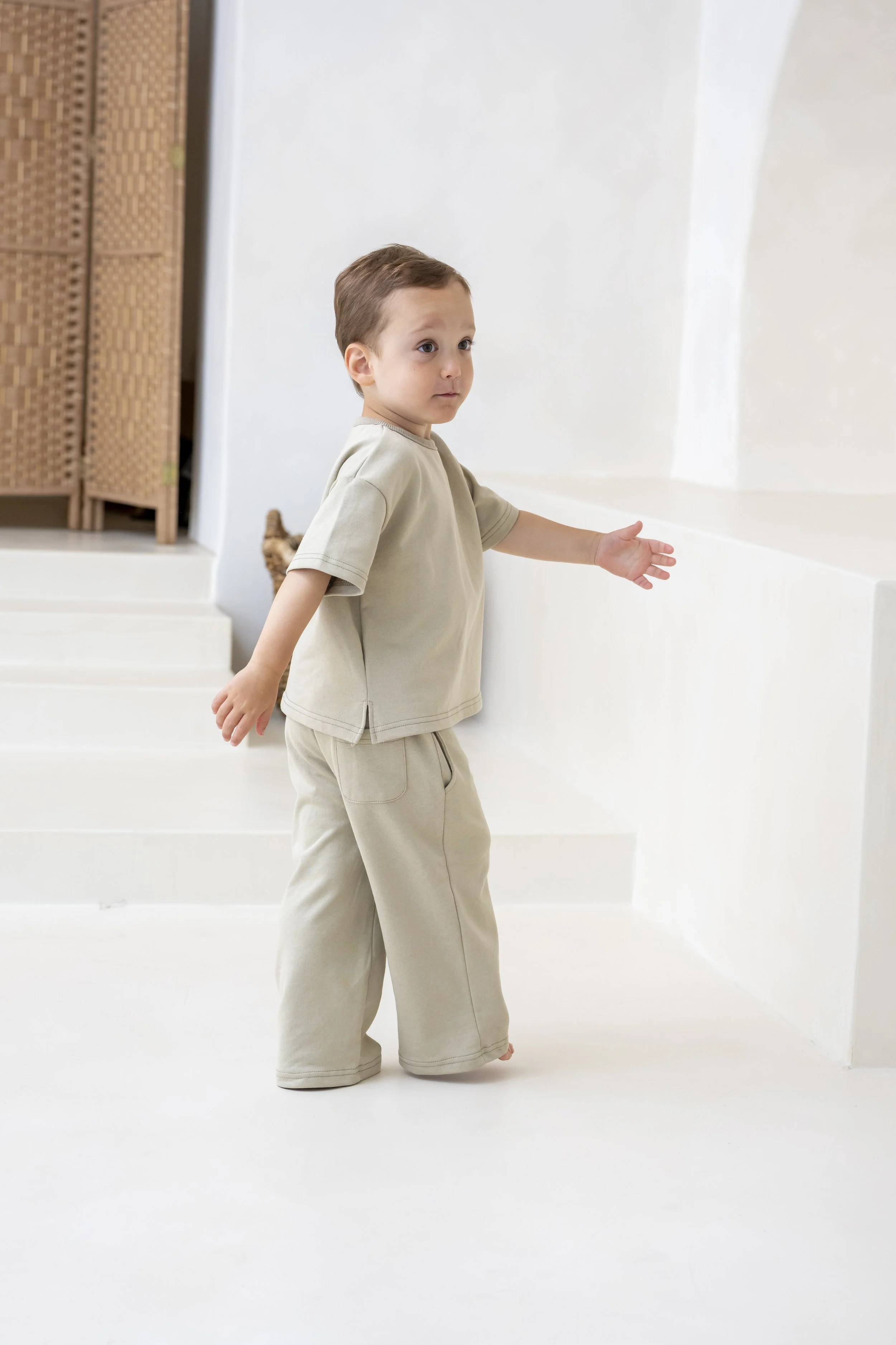 Light khaki relaxed trouser and t-shirt co-ord