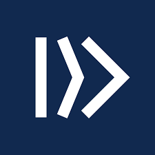 White geometric logo on dark blue background