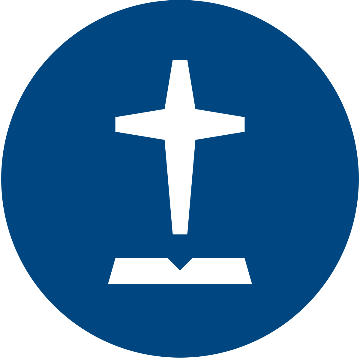 A blue circle with a black outline of a cross and a line underneath, resembling a compass or navigation icon.