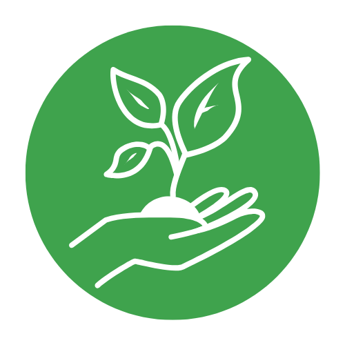 Outline of a hand holding a small plant with two leaves in a green circular background.