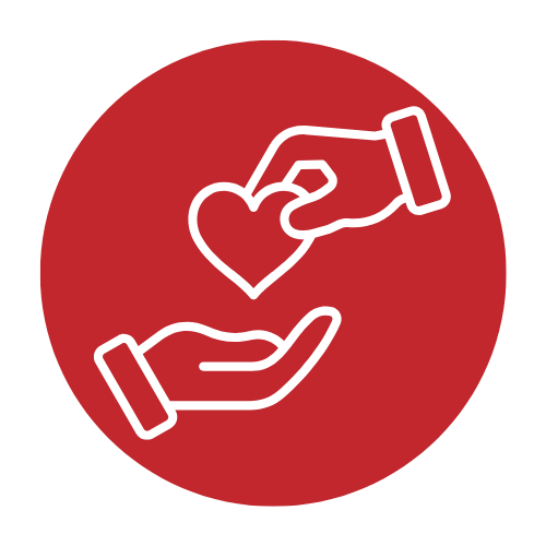 Outline of two hands exchanging a heart on a red circular background.