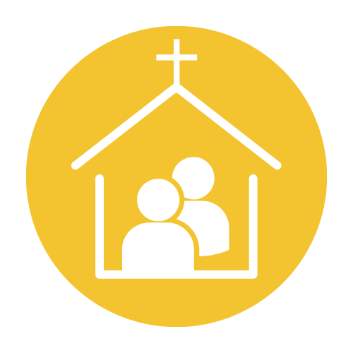 Icon of two figures inside a church with a cross on top, set against a yellow circular background.